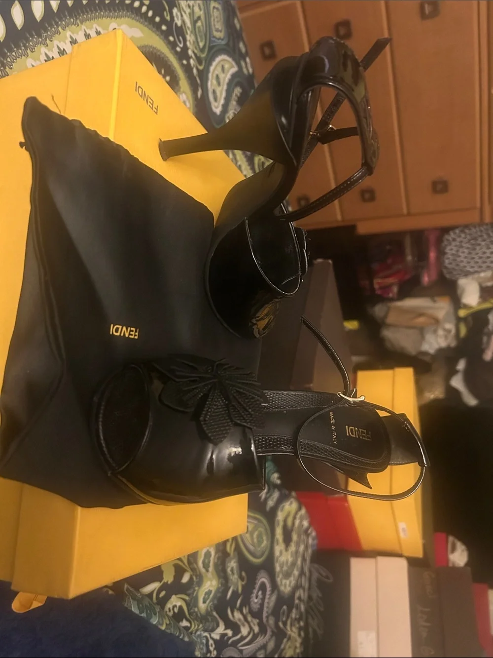 Fendi Black Patent Leather Floral Ankle-Strap Heels